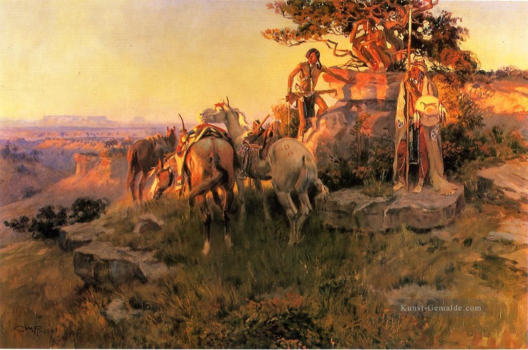 Zusehen für Wagons Cowboy Charles Marion Russell Indianer Ölgemälde